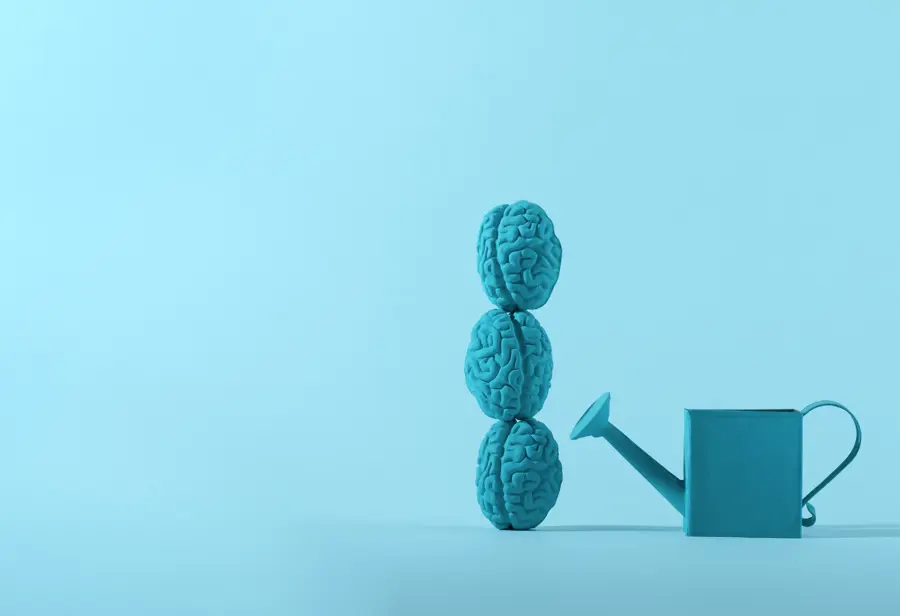 Blauwe Hersenen Gestapeld Naast Een Blauwe Gieter Op Effen Achtergrond.